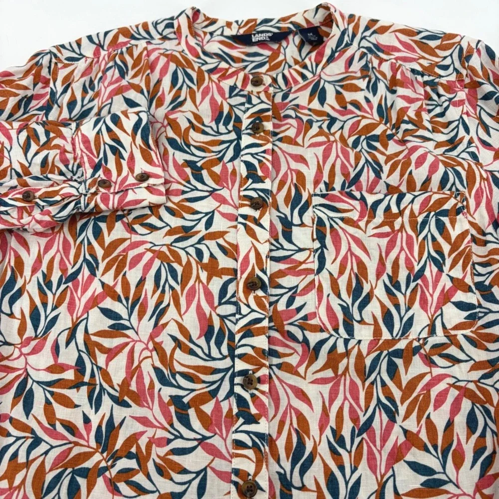 Lands End Womens 100% Linen Band Collar Leaf Print Lg Sleeve Tunic Shirt M 10-12 - Picture 4 of 10